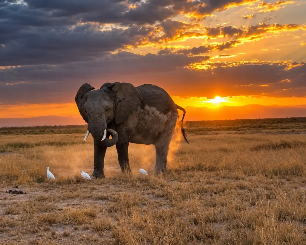 Elephant walking across a grassy savannah at sunset with three white birds nearby and dusty ground around its feet.