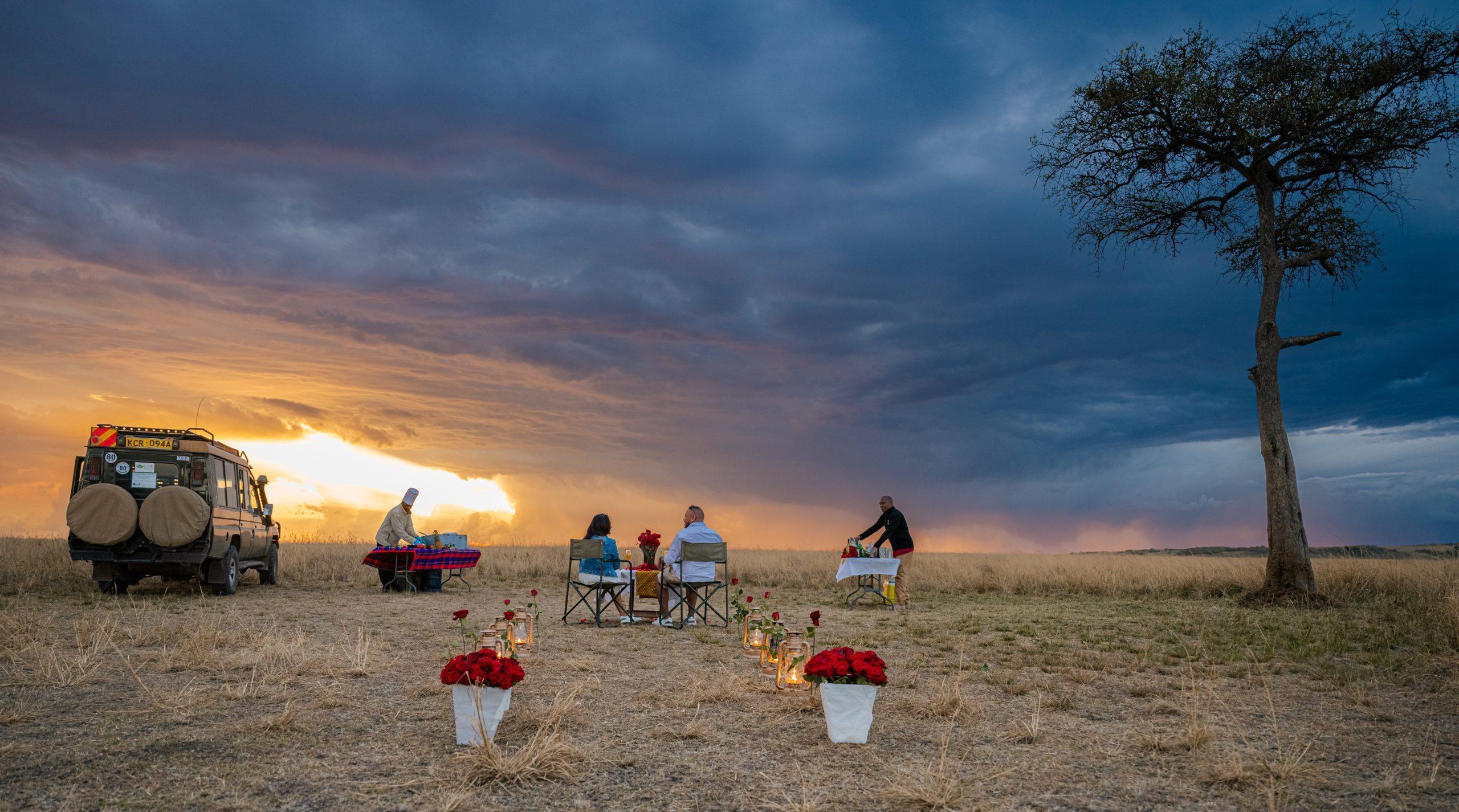 Group of people dining outdoors at sunset with a SUV parked on the left and a lone tree on the right.