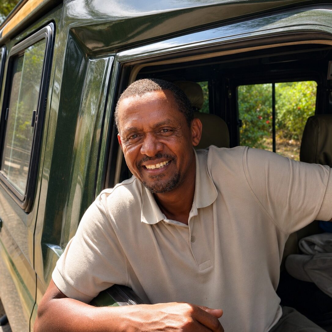 Smiling man leaning out of a green SUV window, wearing a beige polo shirt